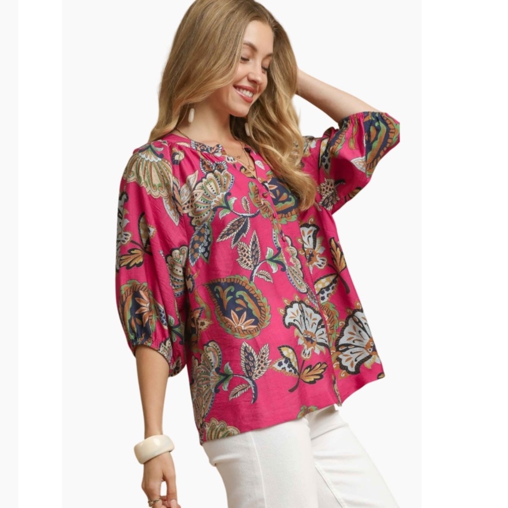 UMGEE Boho Paisley Puff Sleeve Blouse -Pink SIZE XL